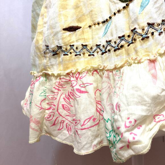 Vintage Y2K Tokyo Denim Bank Yellow Silk Hippie Embroidery Bead Tank Blouse Top - Picture 6 of 12